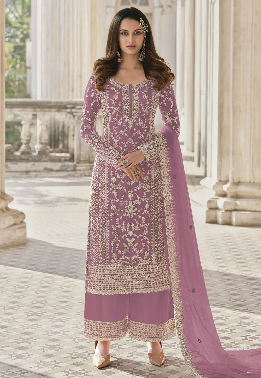 Lavender Net Embroidered Pakistani Suit 334483