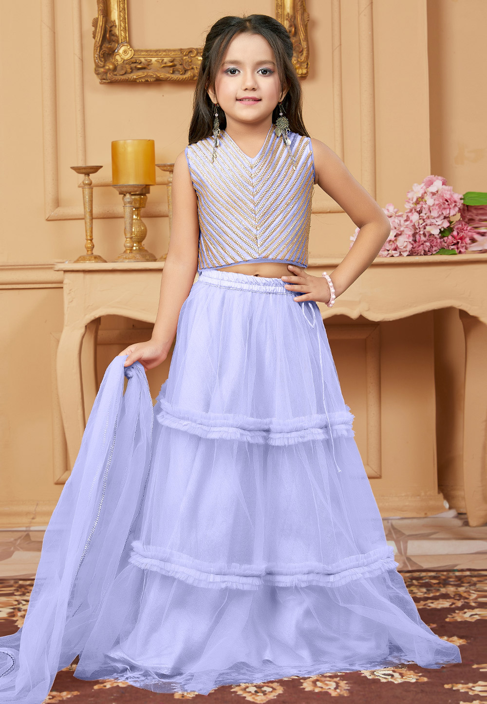 Lavender Net Kids Lehenga Choli 312264