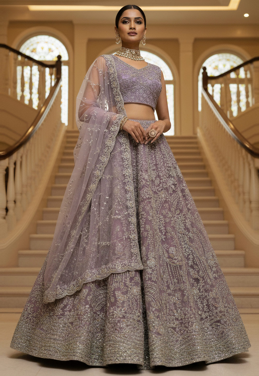 Lavender Net Lehenga Choli For Wedding 320544