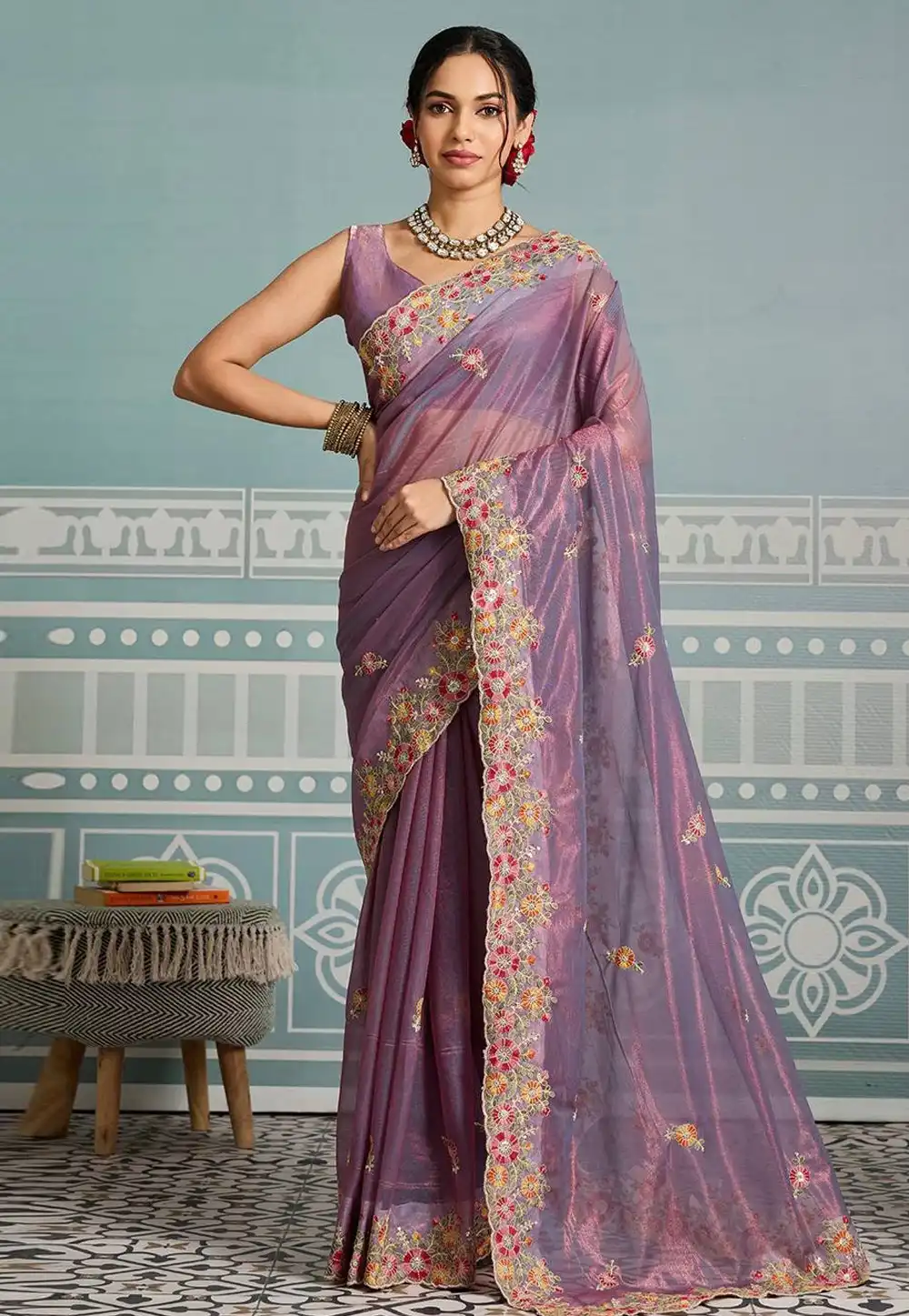 Lavender Net Saree With Blouse 317568