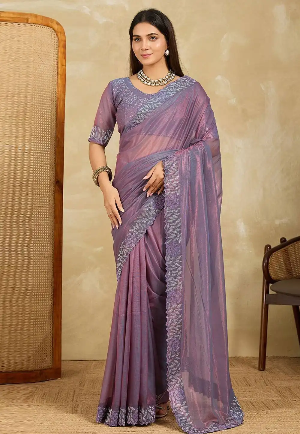 Lavender Net Saree With Blouse 318171