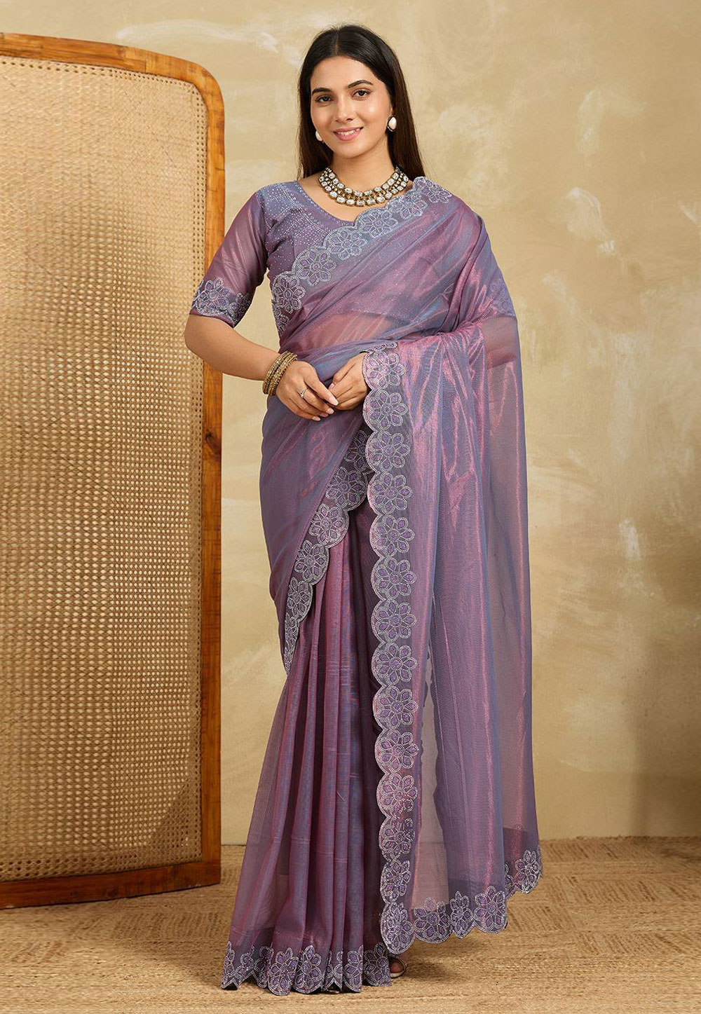 Lavender Net Saree With Blouse 318159