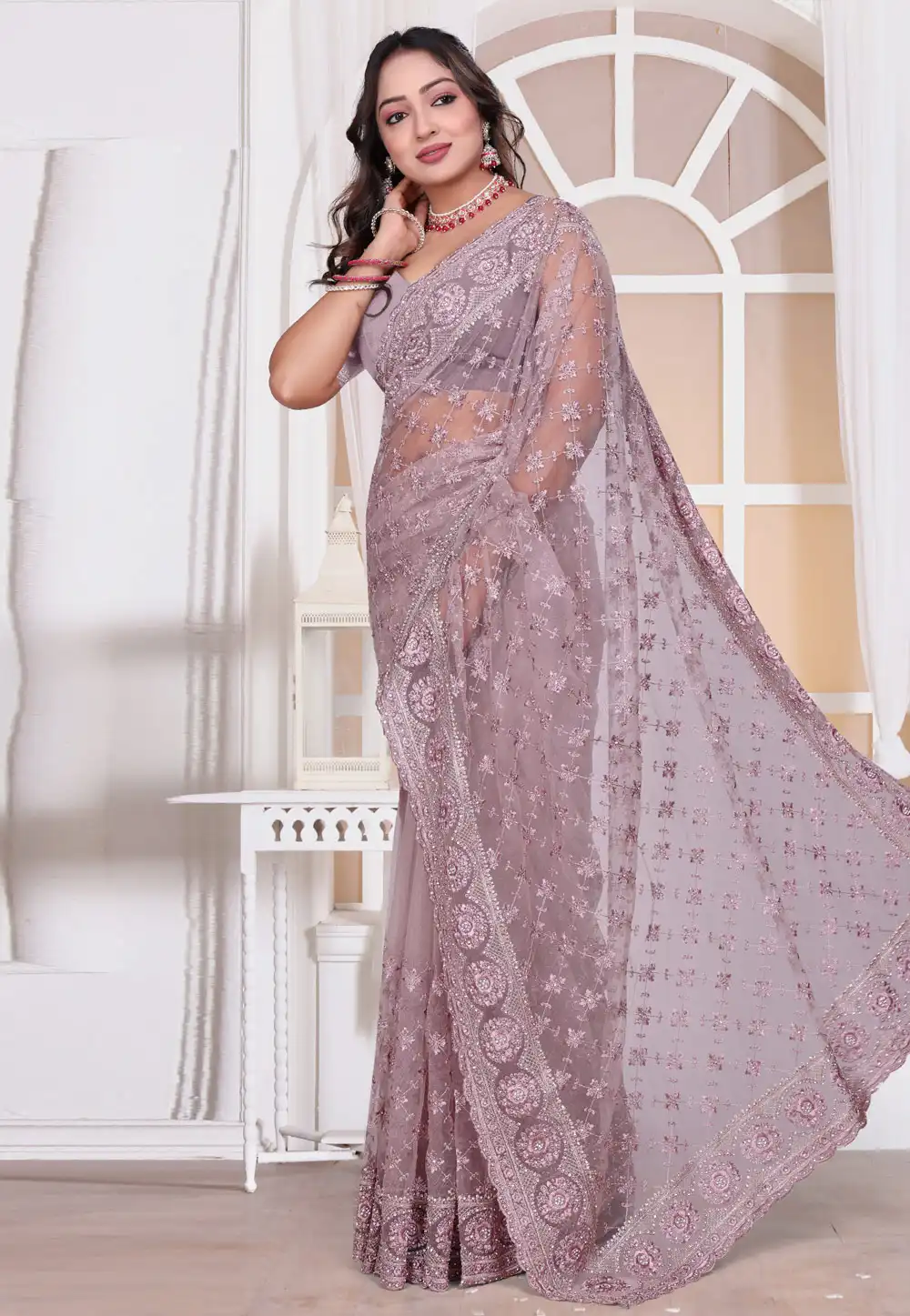 Lavender Net Saree With Blouse 314640