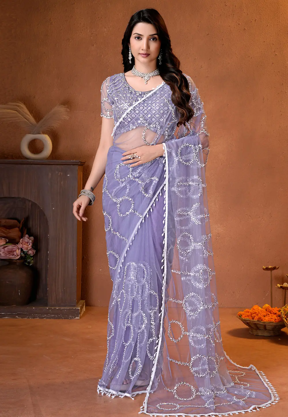 Lavender Net Saree With Blouse 331578