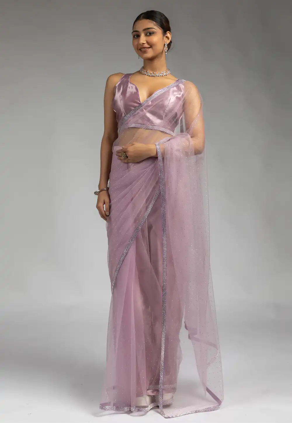 Lavender Net Saree With Blouse 309357