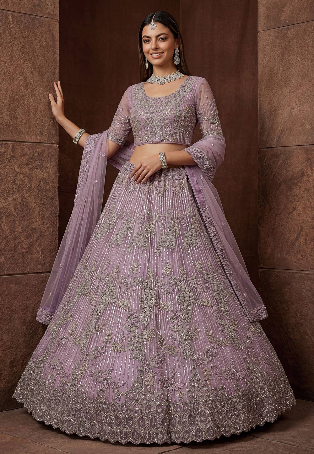 Lavender Net Wedding Lehenga Choli 328227