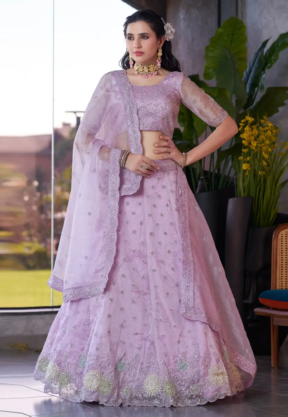 Lavender Organza A Line Lehenga Choli 306888