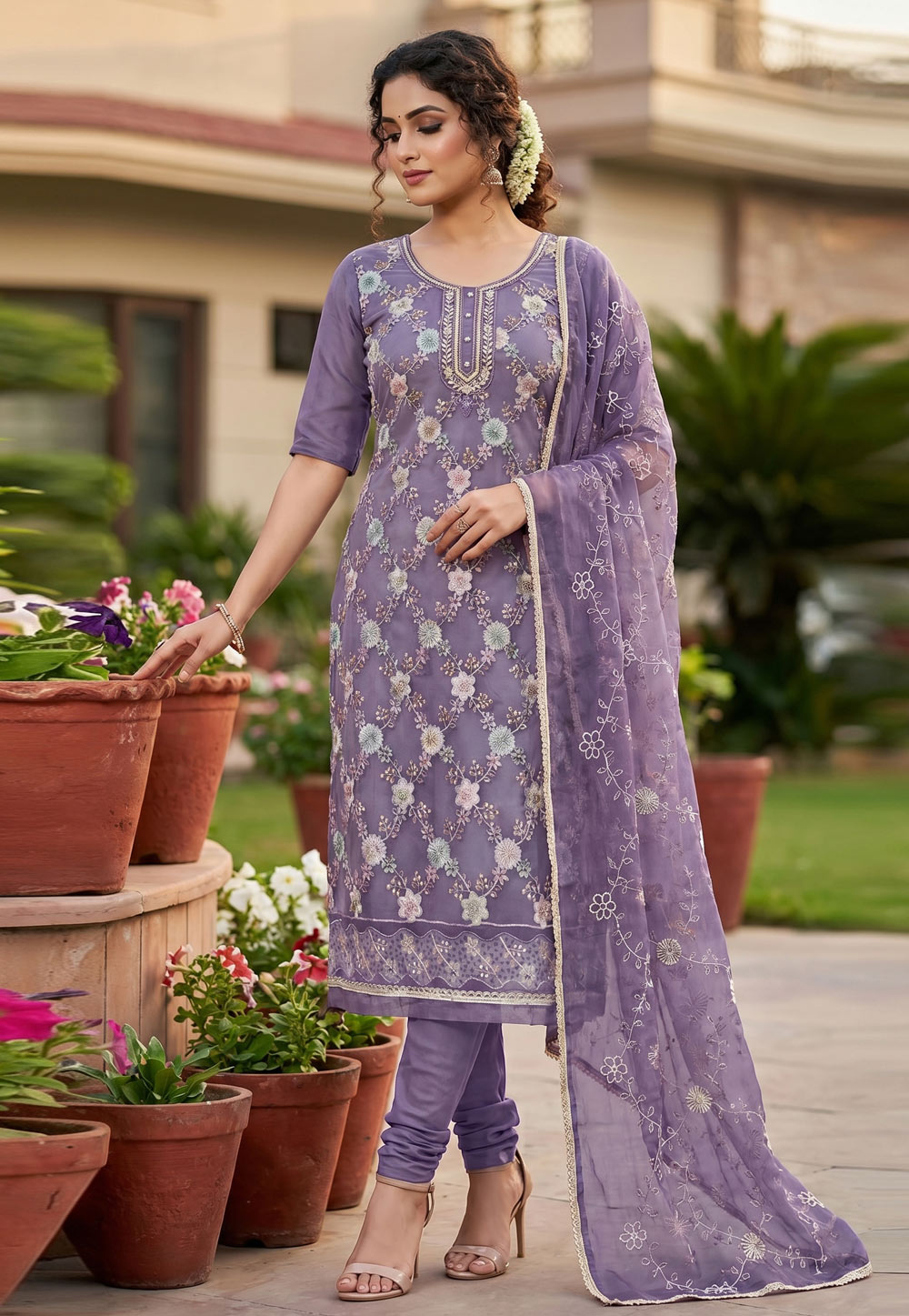 Lavender Organza Pant Style Suit 327699
