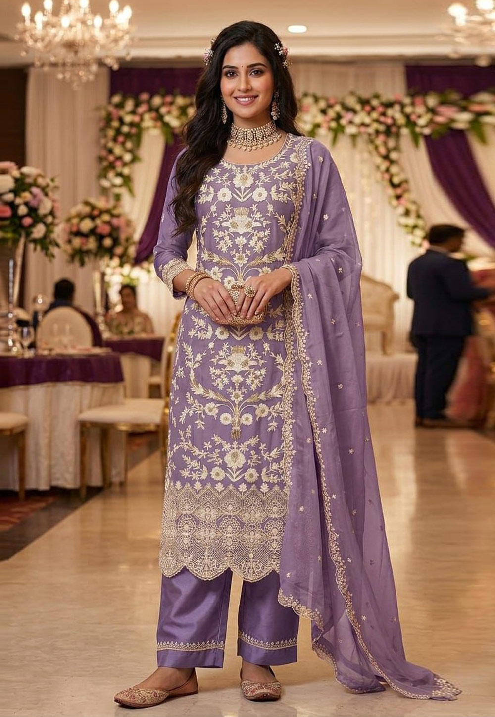 Lavender Organza Readymade Straight Suit 329709