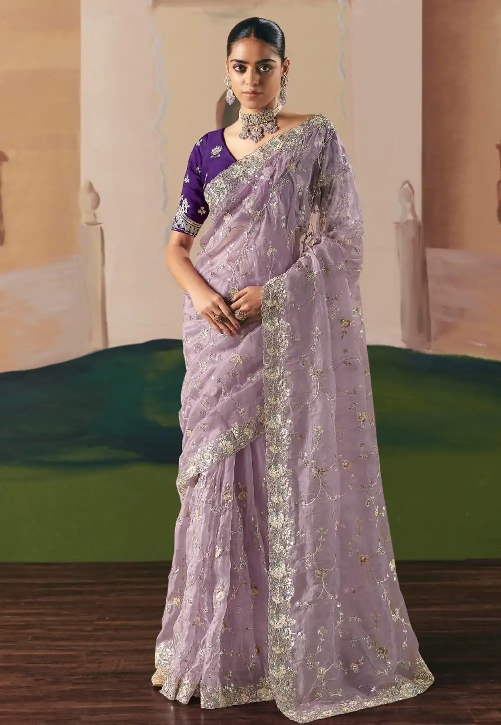 Lavender Organza Saree With Blouse 318347