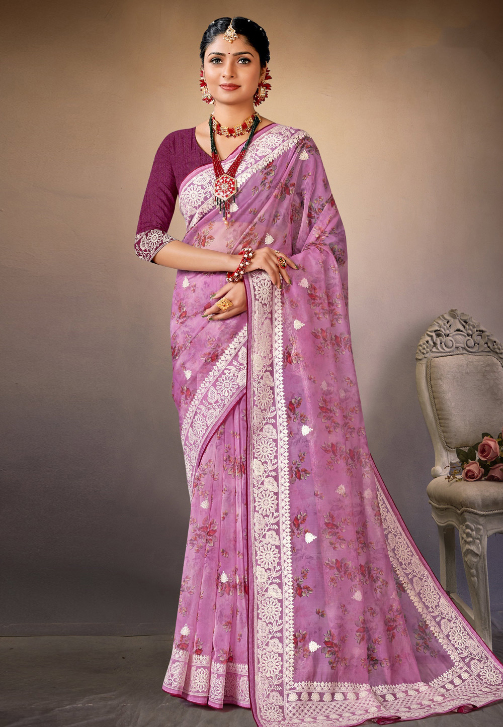 Lavender Organza Saree With Blouse 278749