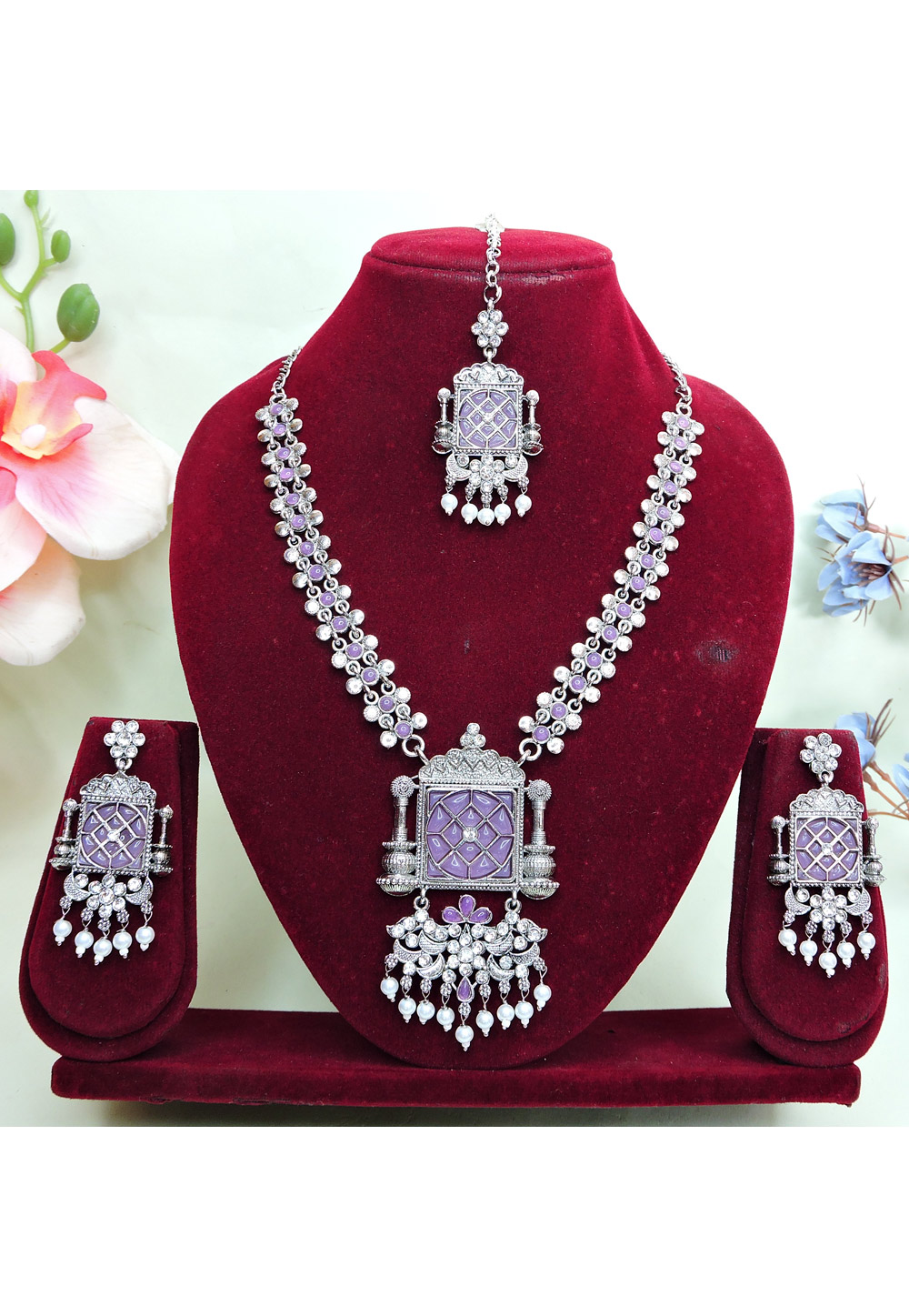 Lavender Oxidised Navratri Necklace Set With Earrings and Maang Tikka 312758