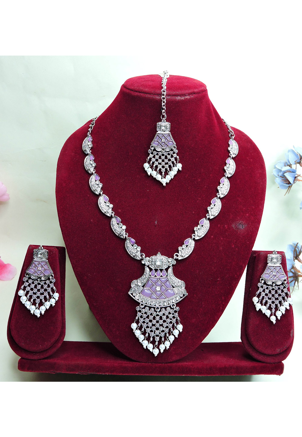 Lavender Oxidised Navratri Necklace Set With Earrings and Maang Tikka 312767