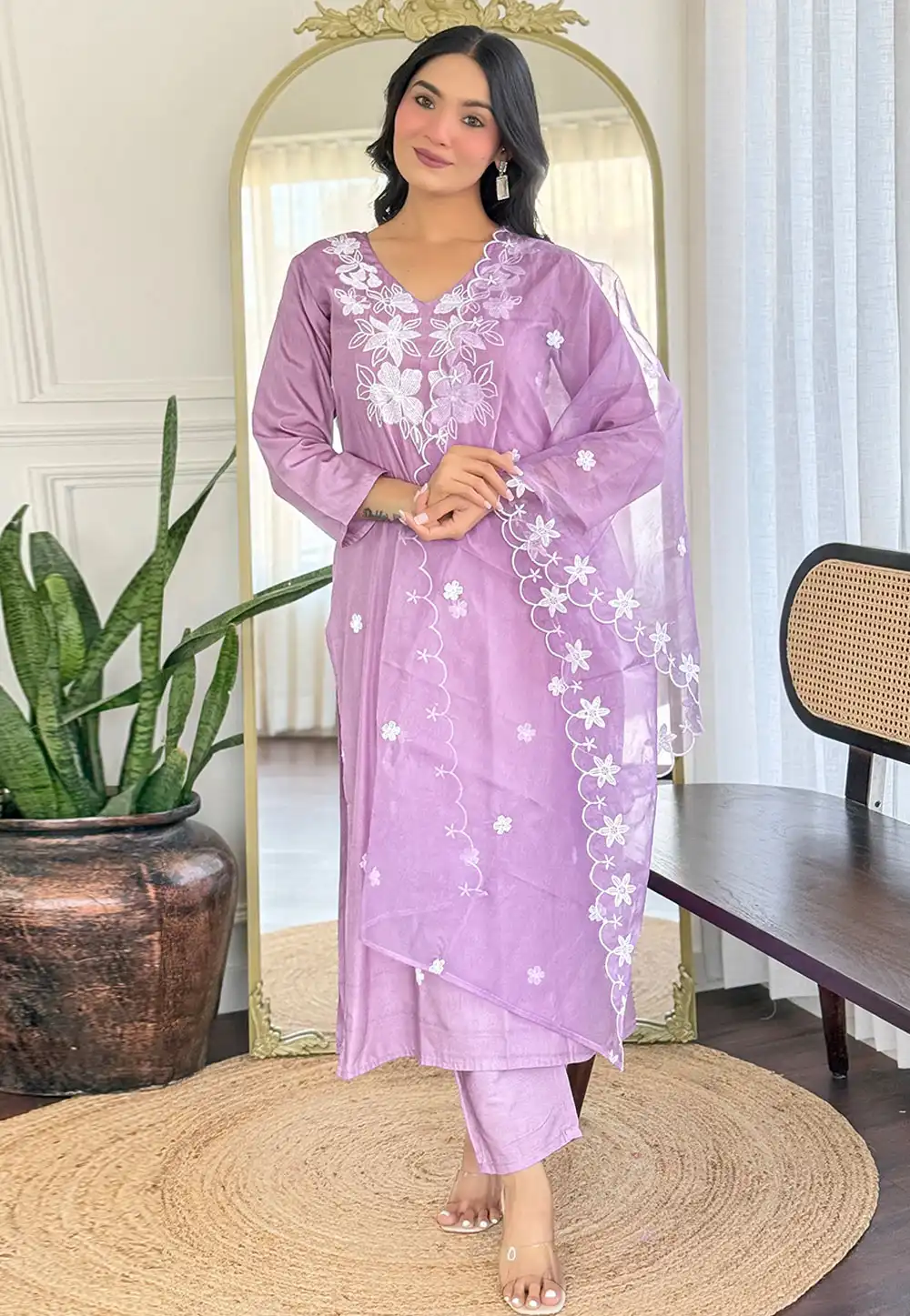Lavender Rayon Readymade Pakistani Suit 317280