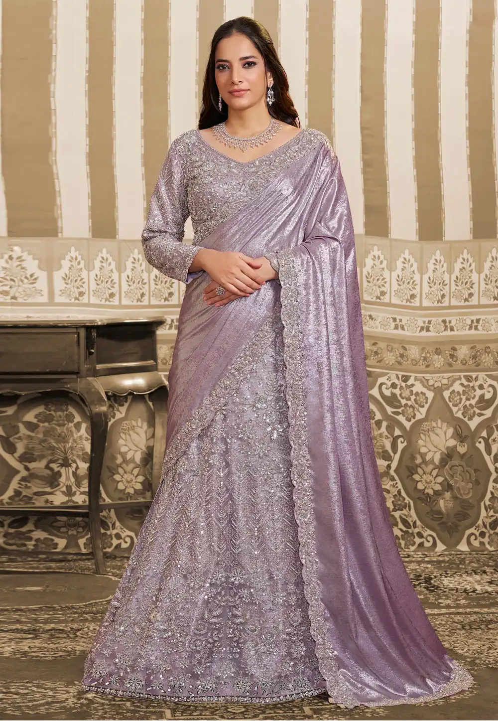 Lavender Satin Lehenga Saree 323663