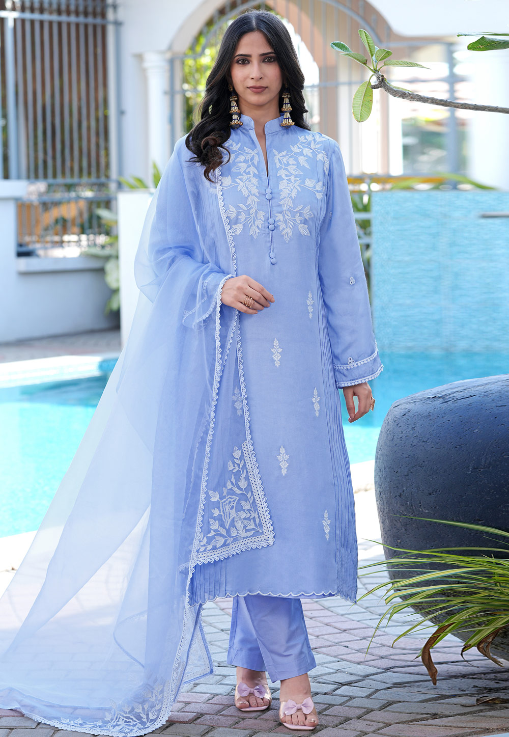 Lavender Satin Readymade Pant Style Suit 325065