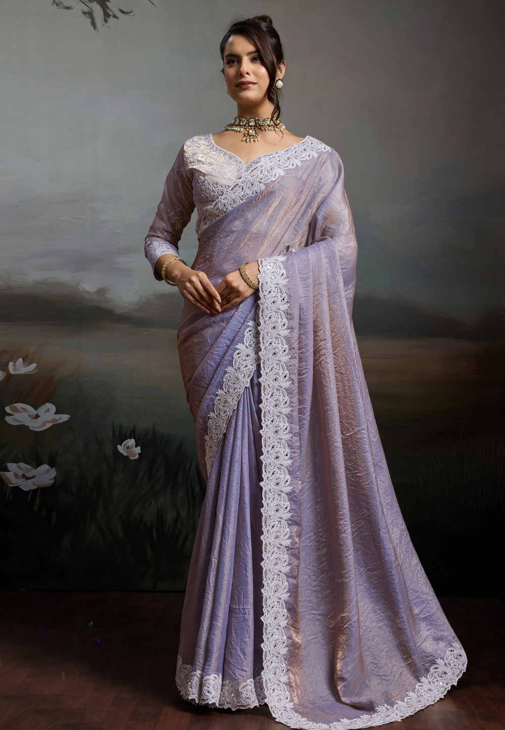 Lavender Satin Saree With Blouse 328057