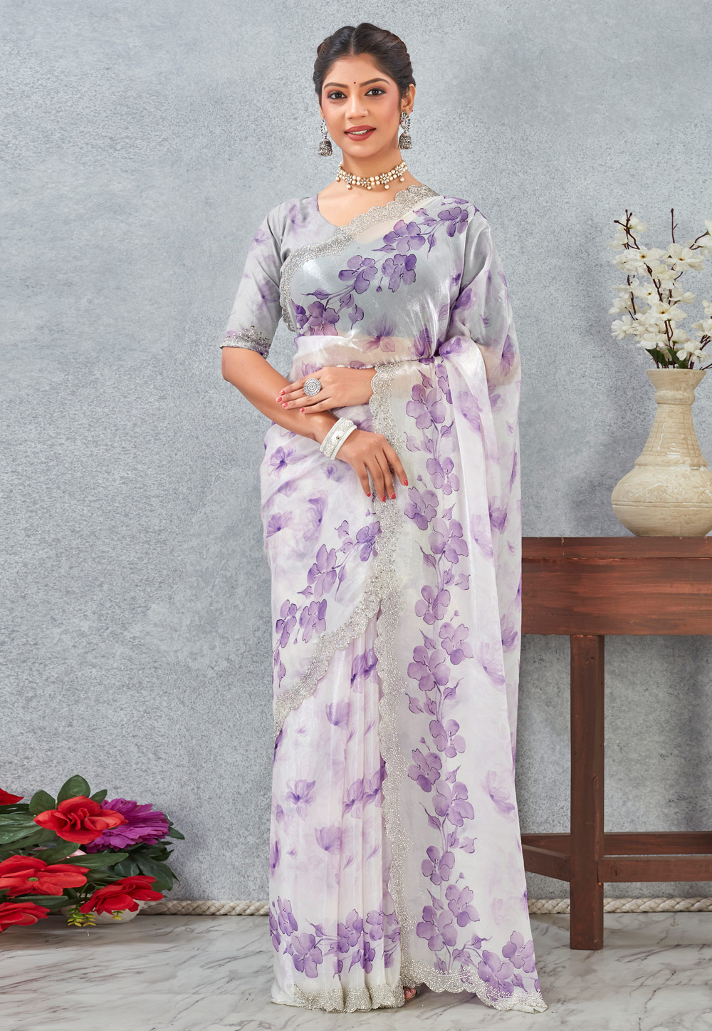 Lavender Satin Saree With Blouse 318433