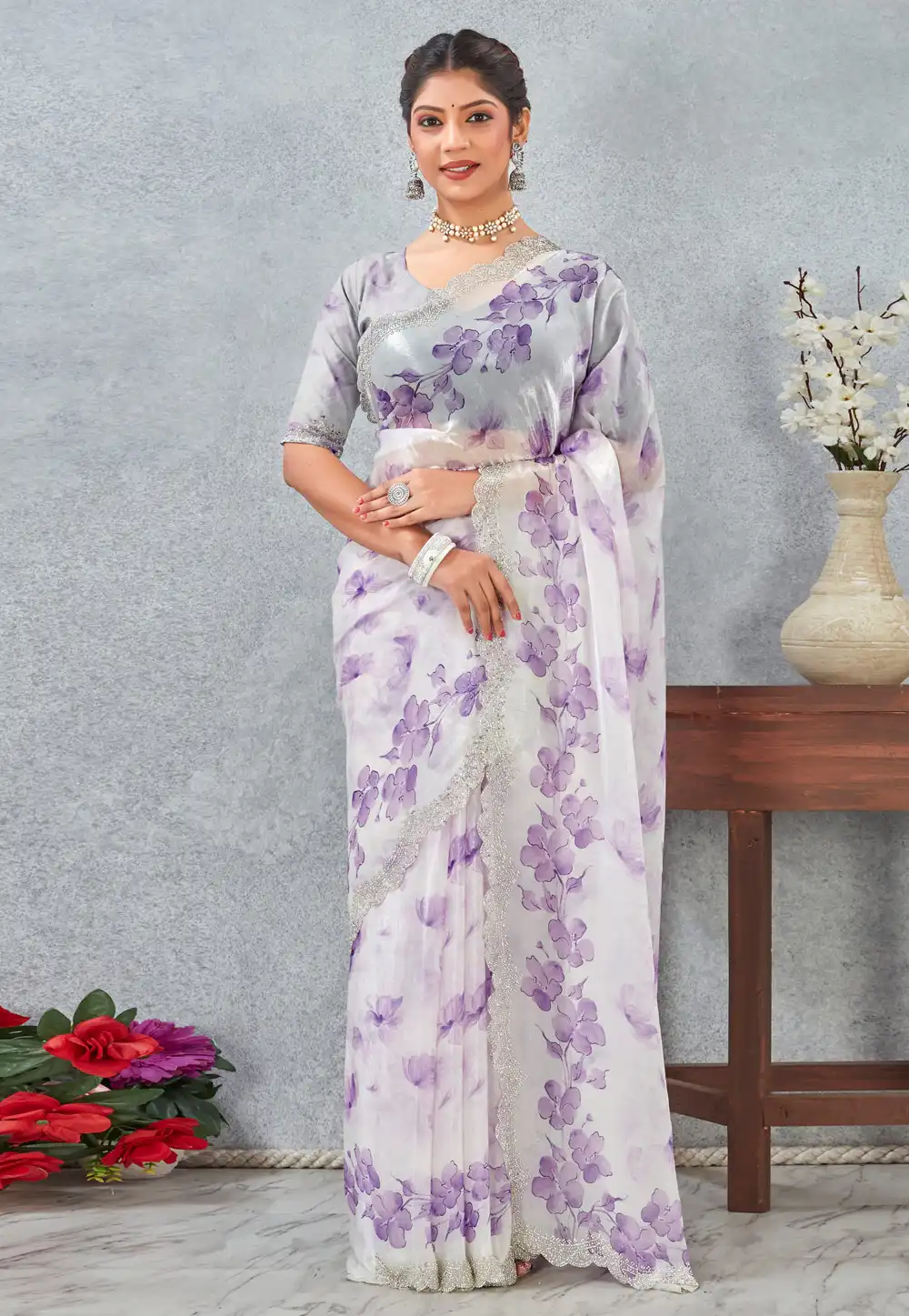 Lavender Satin Saree With Blouse 318433