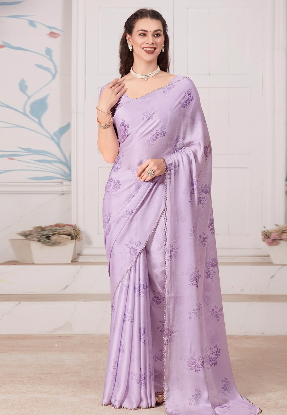 Lavender Satin Saree With Blouse 324231