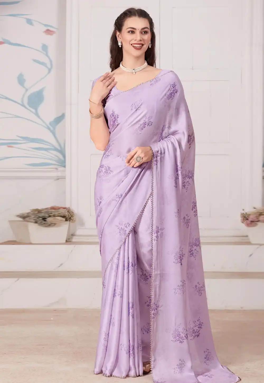 Lavender Satin Saree With Blouse 324231