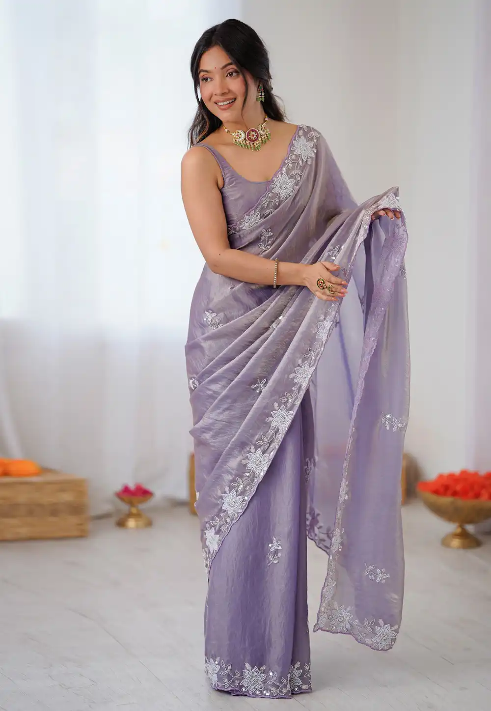 Lavender Satin Saree With Blouse 320285