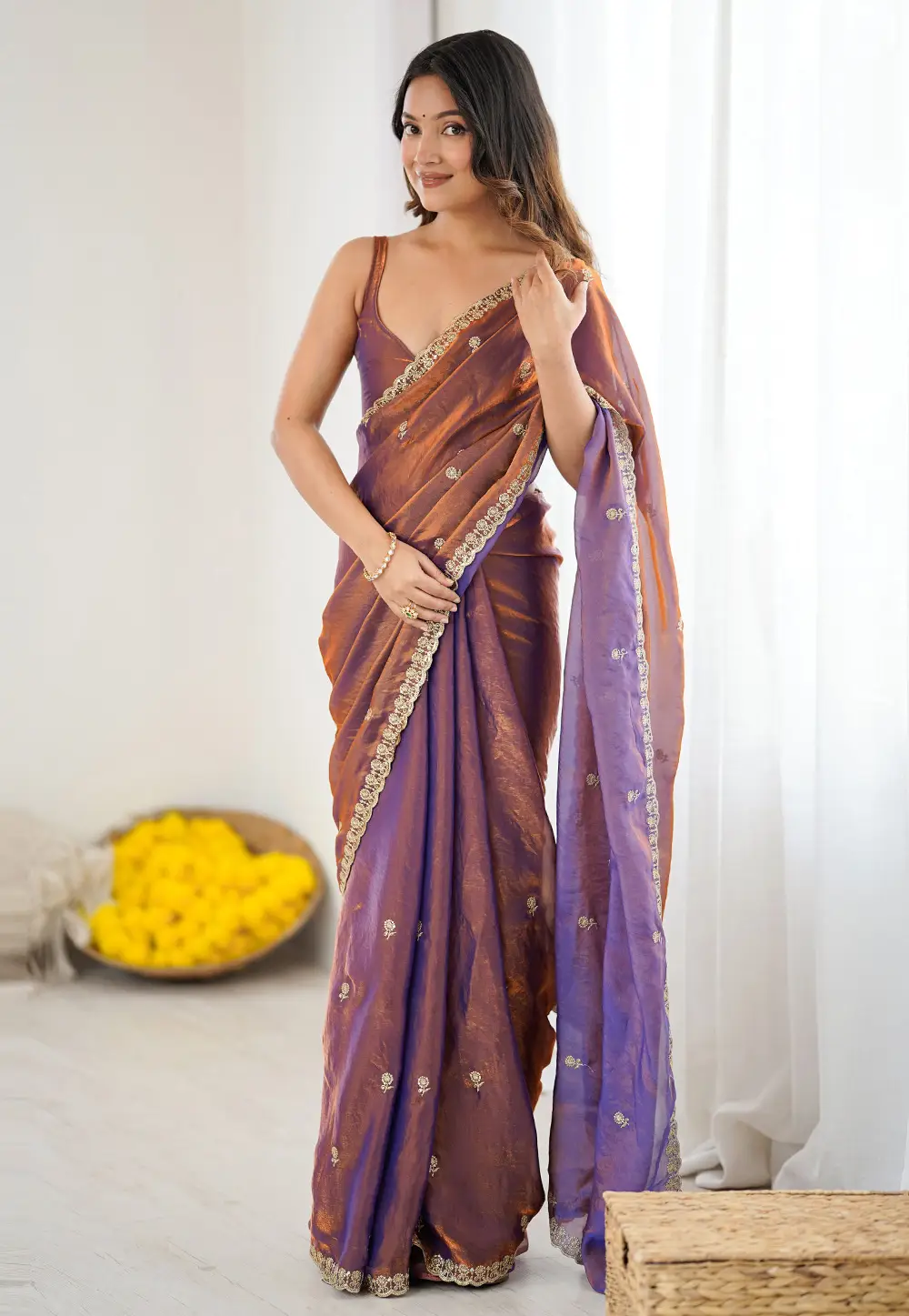 Lavender Satin Saree With Blouse 332308