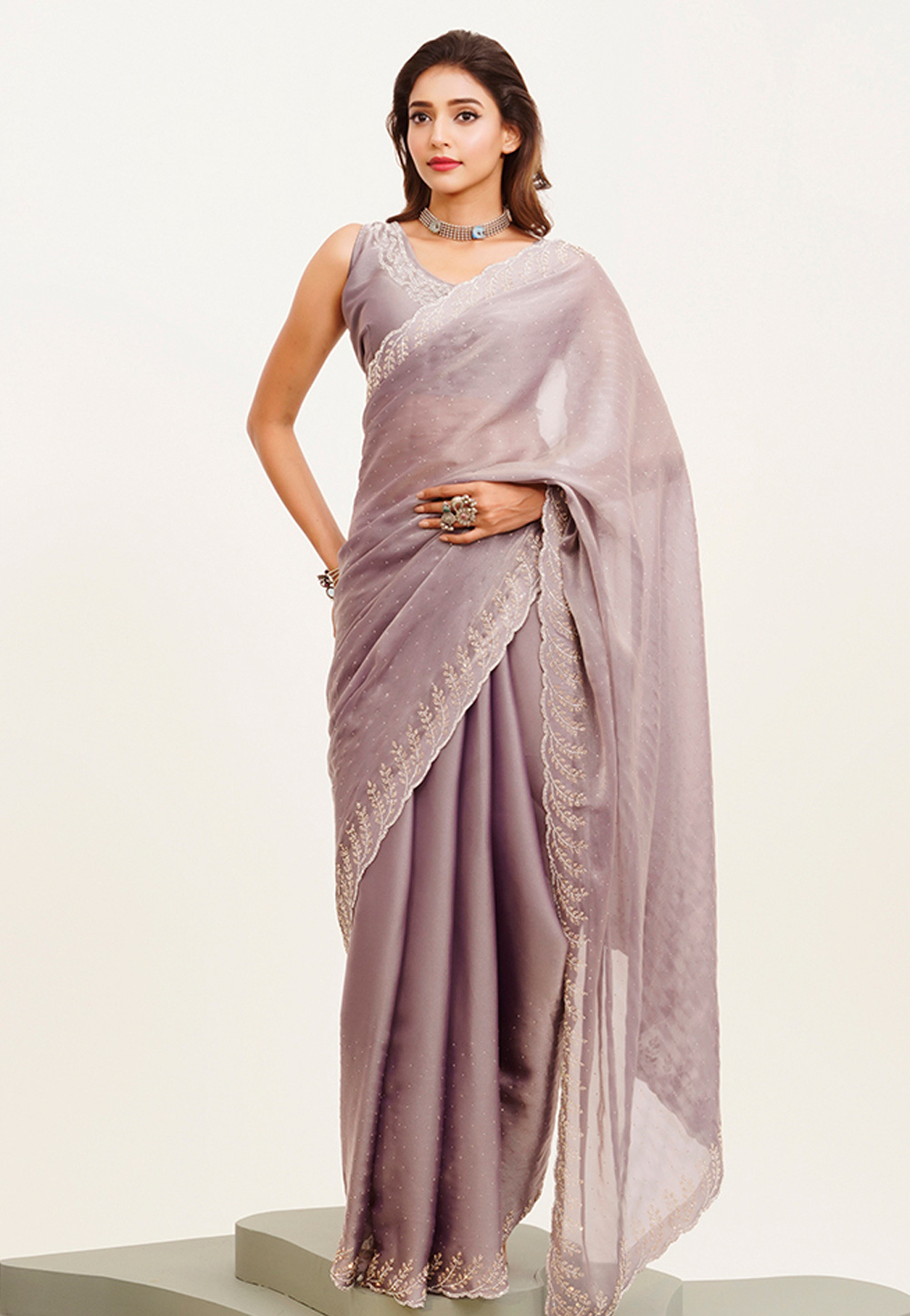 Lavender Satin Saree With Blouse 311824