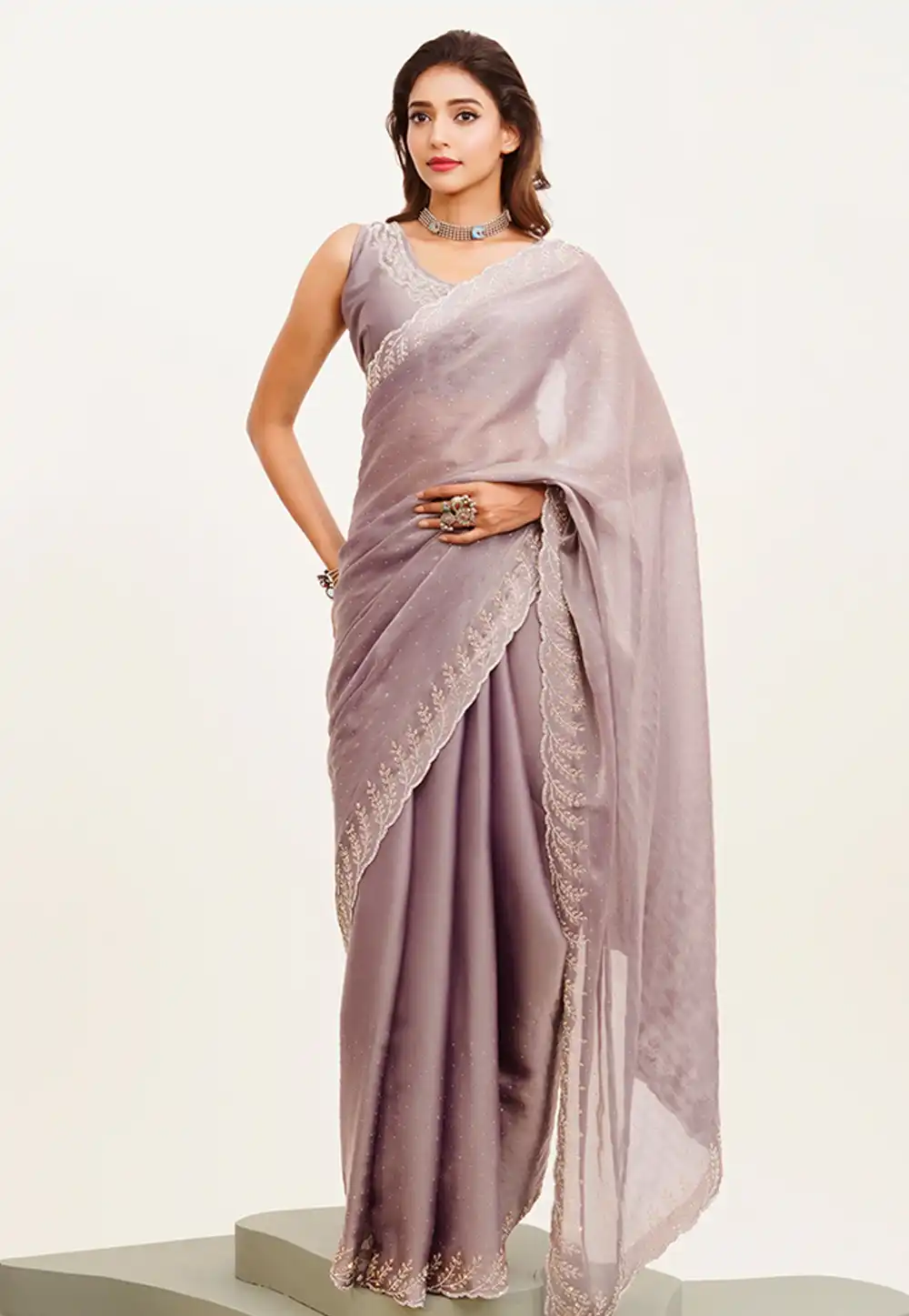 Lavender Satin Saree With Blouse 311824