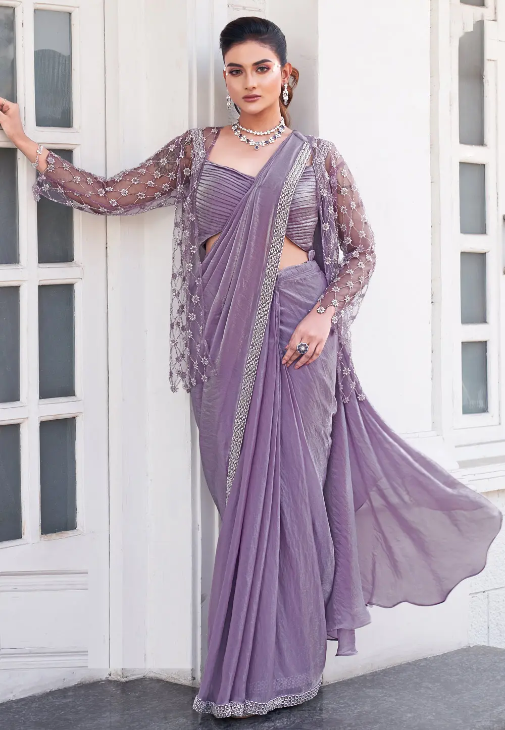 Lavender Satin Silk Designer Lehenga Saree 304557