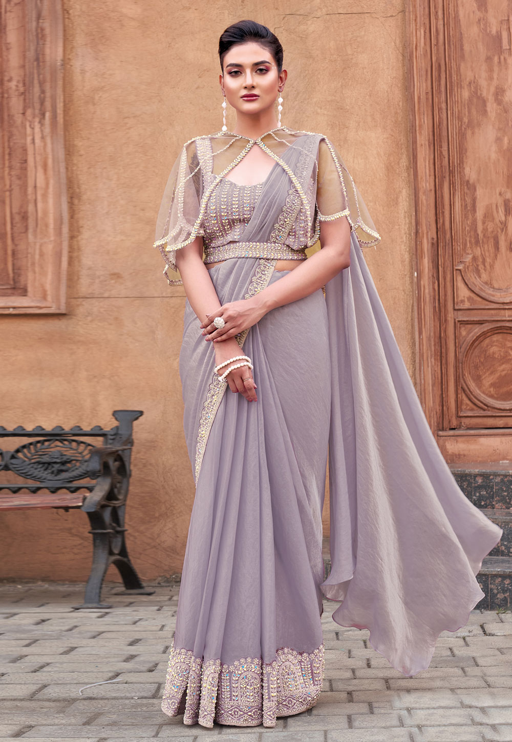 Lavender Satin Silk Designer Saree 307003