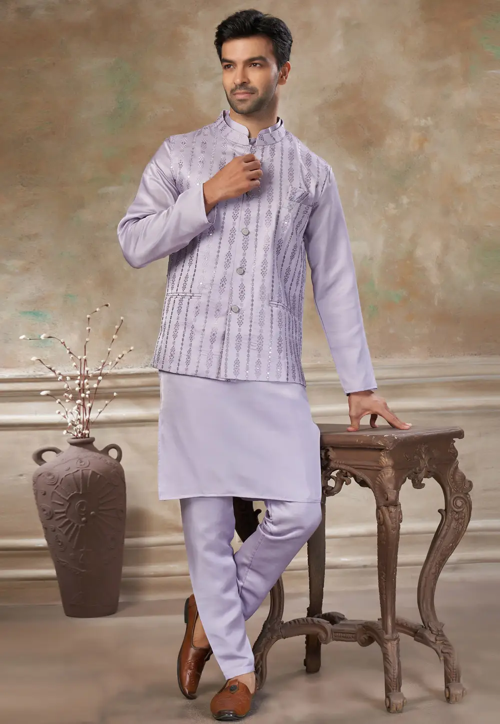 Lavender Satin Silk Kurta Pajama With Jacket 331117
