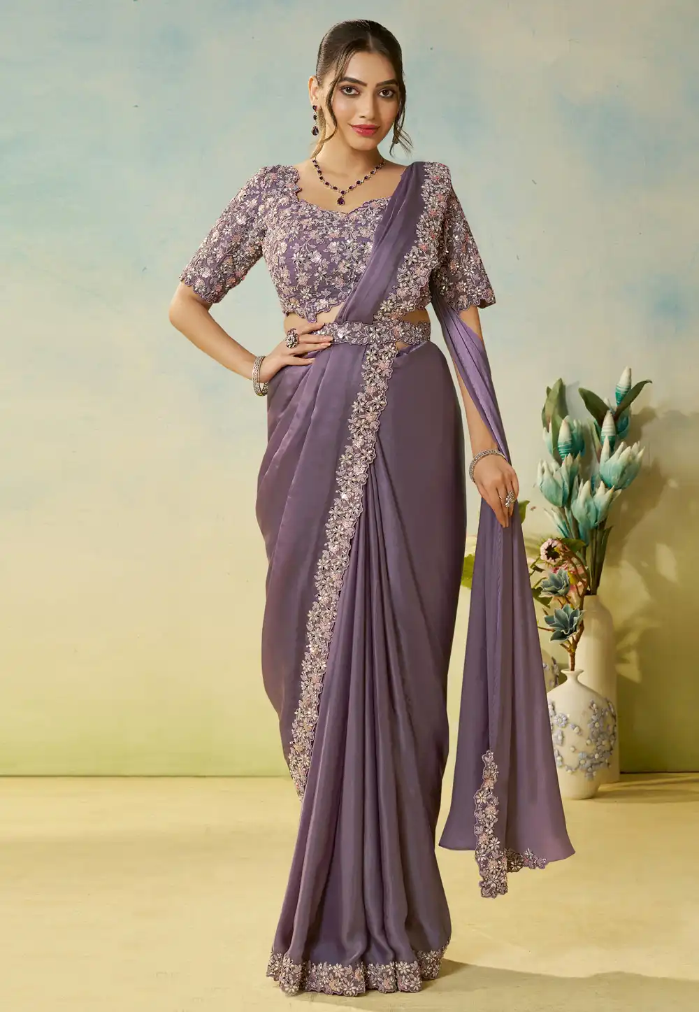 Lavender Satin Silk Lehenga Saree 317958