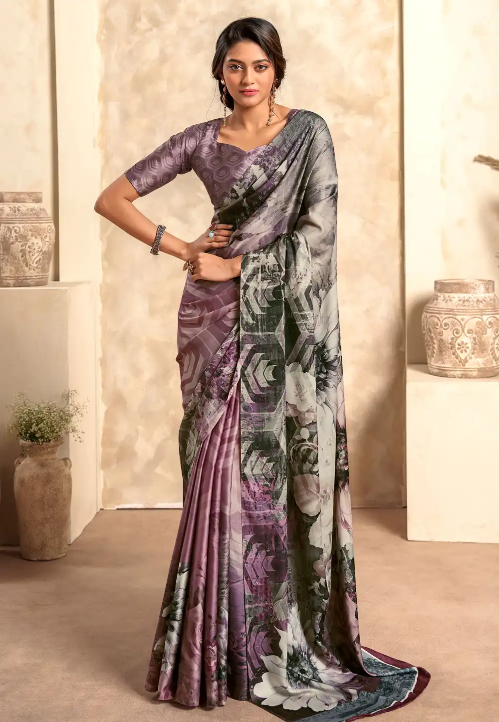 Lavender Satin Silk Saree With Blouse 278455