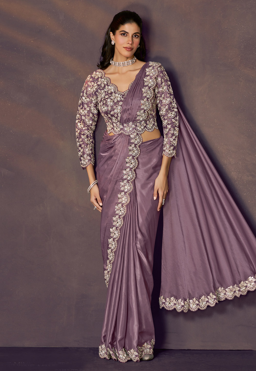 Lavender Satin Silk Saree With Blouse 318953