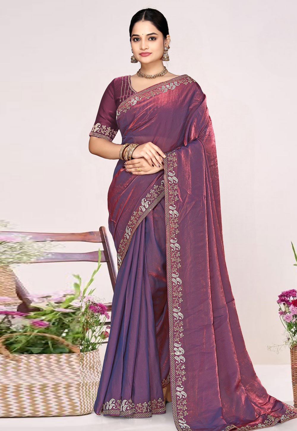 Lavender Satin Silk Saree With Blouse 326870