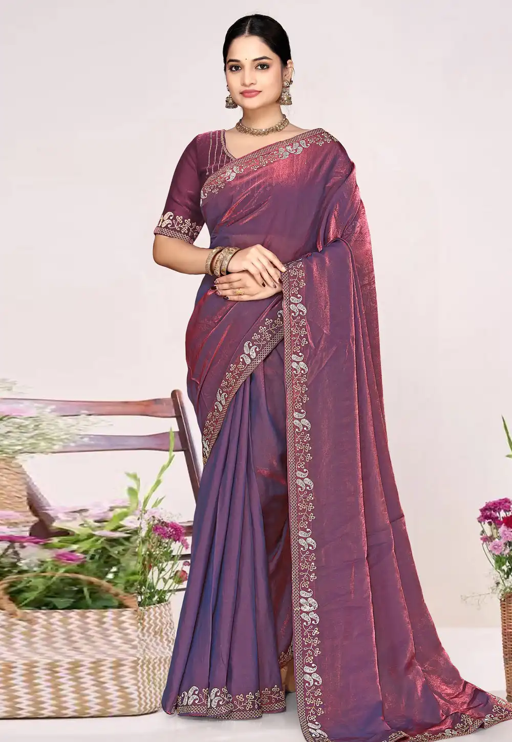 Lavender Satin Silk Saree With Blouse 326870