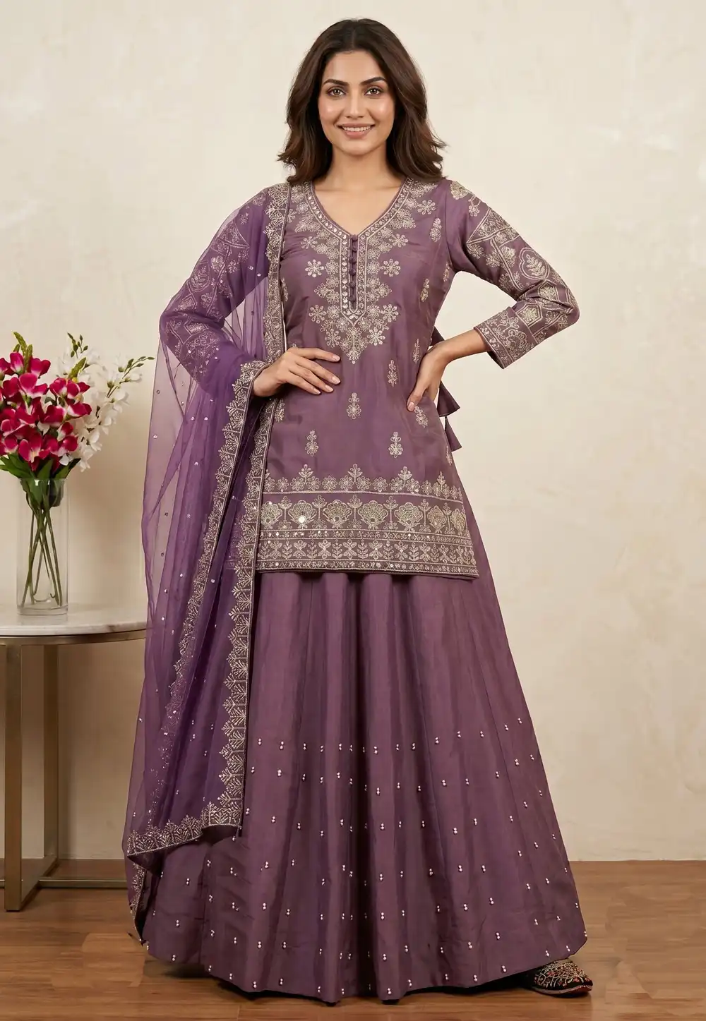 Lavender Shimmer Readymade Long Choli Lehenga 330355