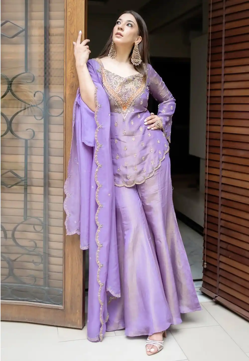 Lavender Shimmer Readymade Palazzo Suit 327011