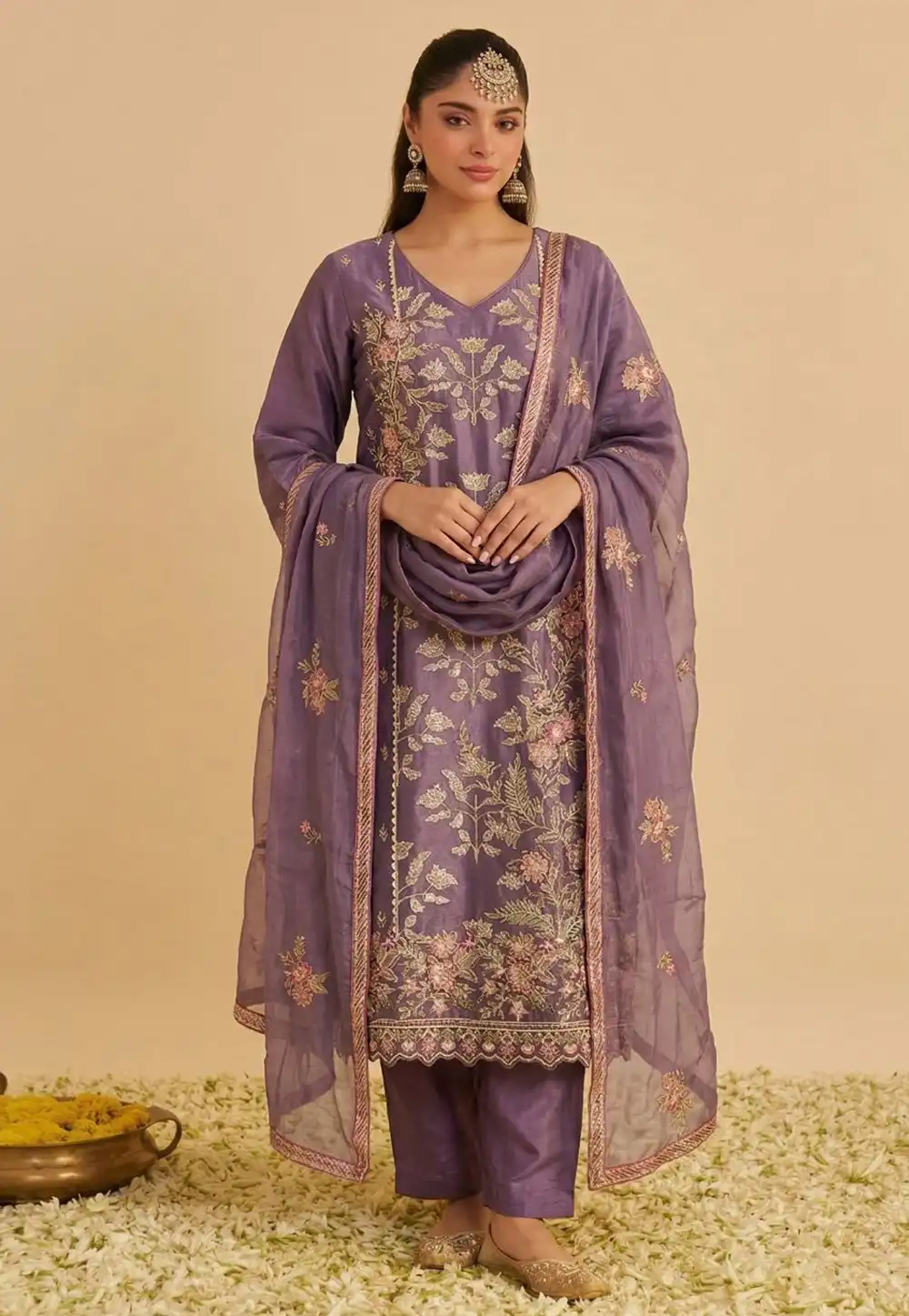 Lavender Shimmer Readymade Pant Style Suit 326962