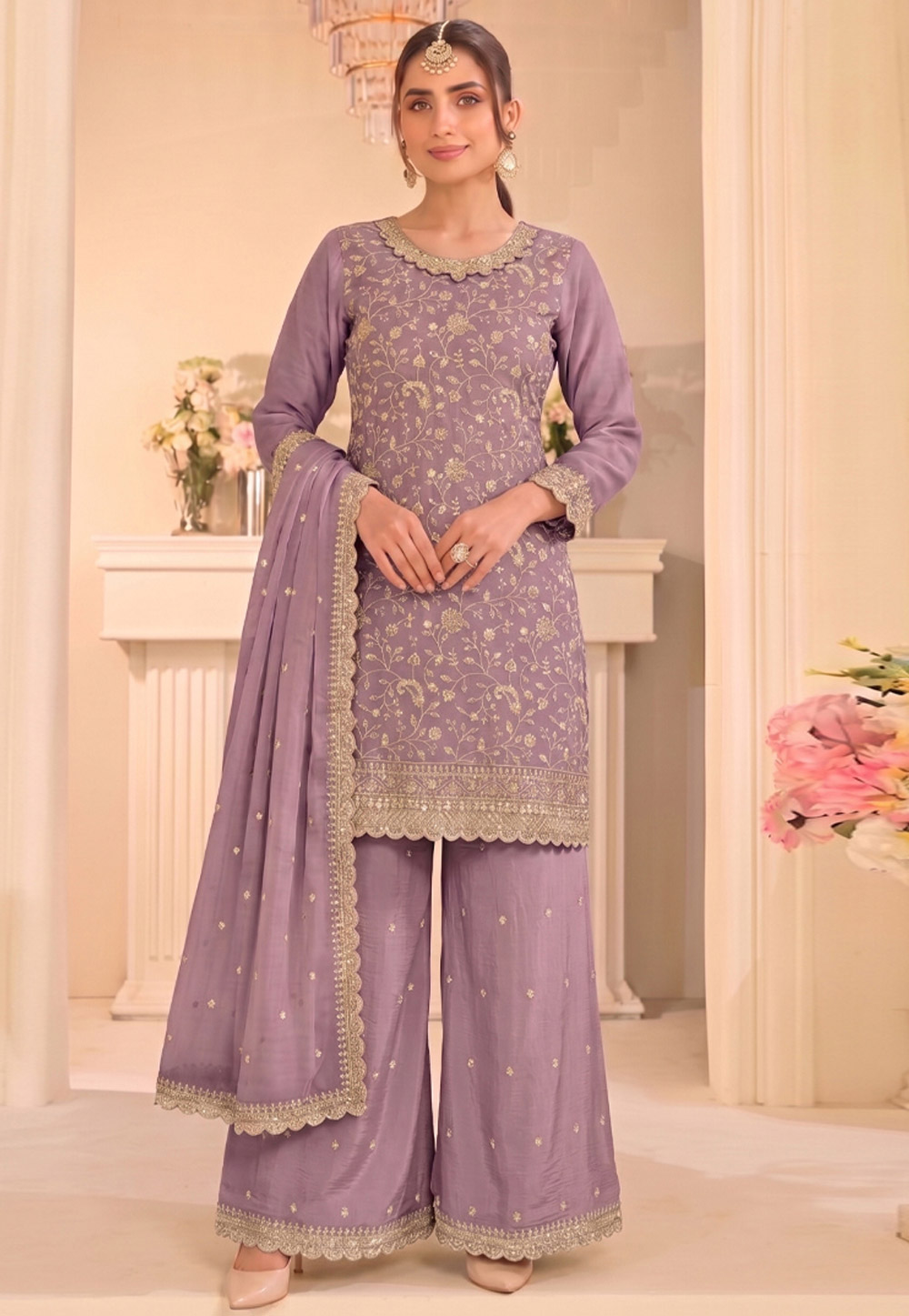 Lavender Silk Embroidered Pakistani Suit 329767