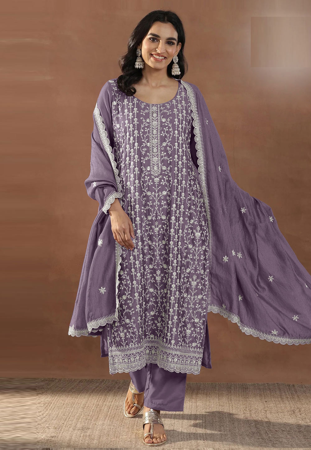 Lavender Silk Embroidered Pant Style Suit 328134