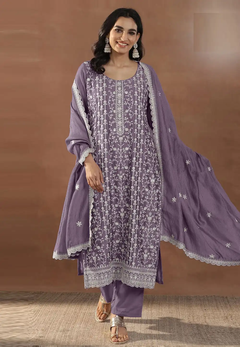 Lavender Silk Embroidered Pant Style Suit 328134