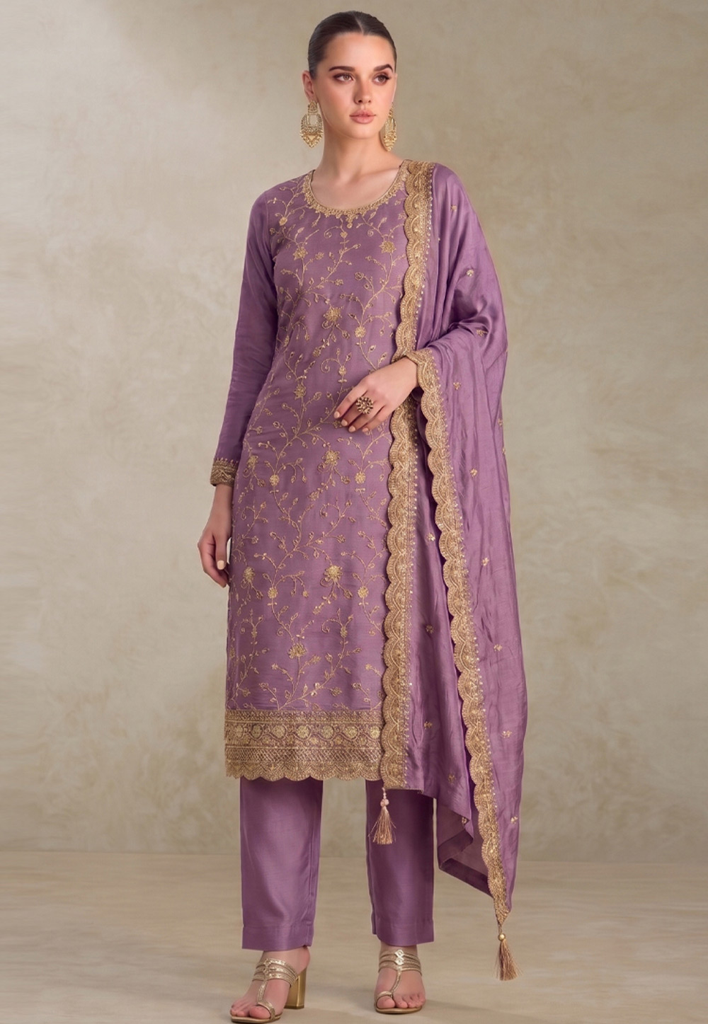 Lavender Silk Embroidered Pant Style Suit 329747