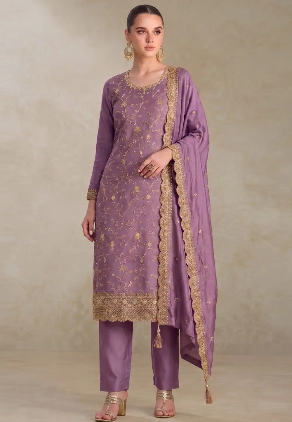 Lavender Silk Embroidered Pant Style Suit 329747