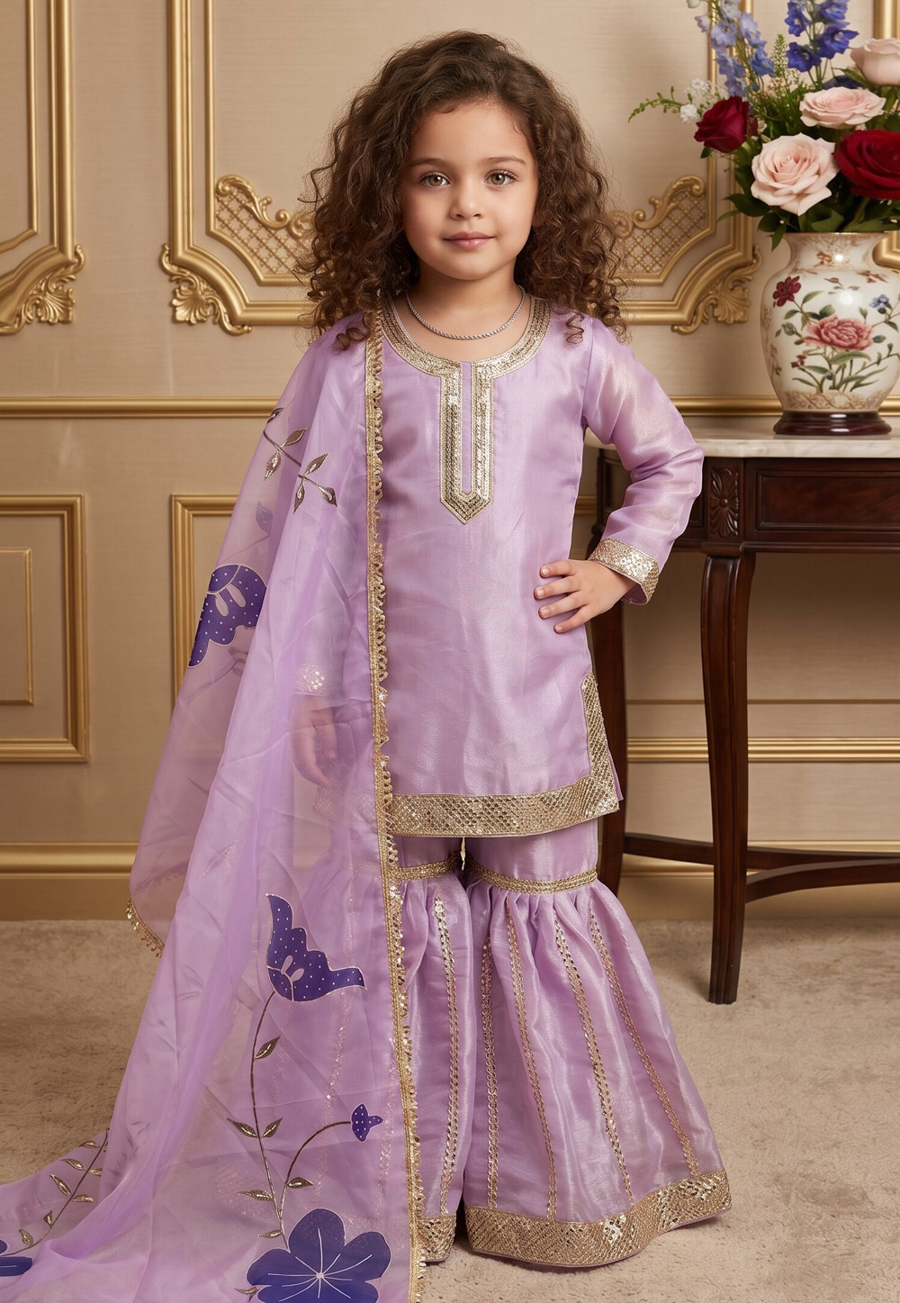 Lavender Silk Kids Sharara Suit 329475