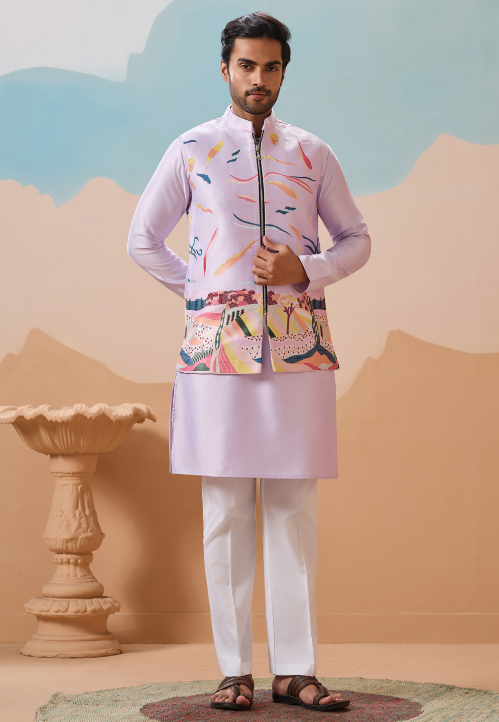 Lavender Silk Kurta Pajama With Jacket 319127