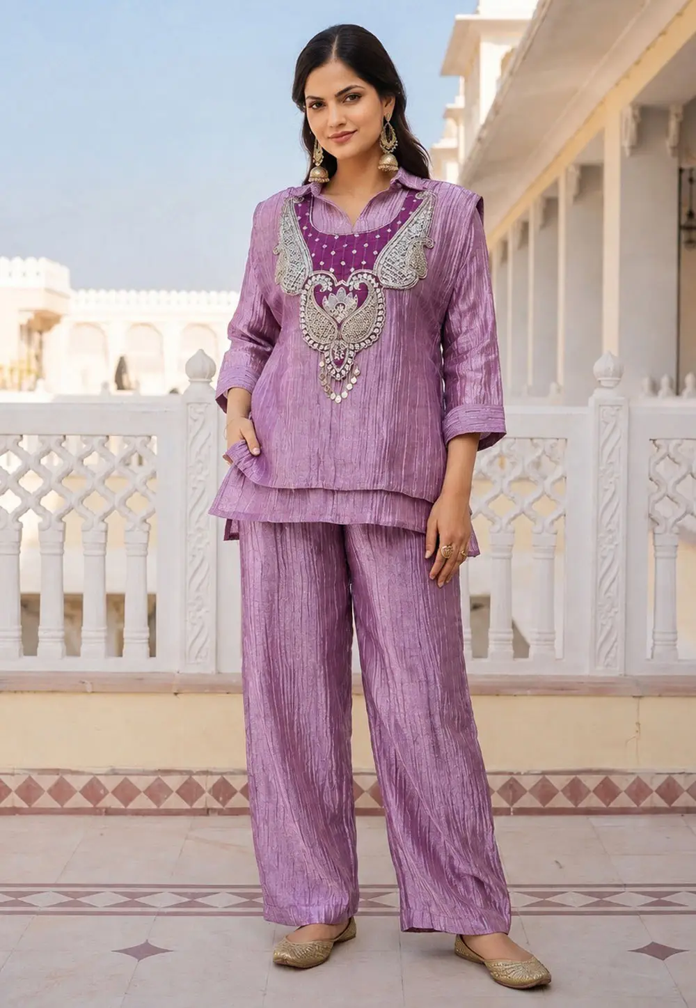 Lavender Silk Kurta Set With Palazzo 337174