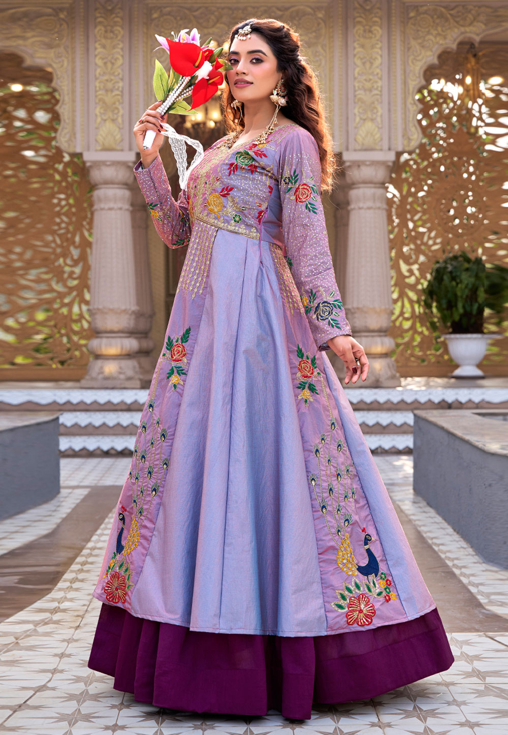 Lavender Silk Readymade Anarkali Lehenga Choli 325101