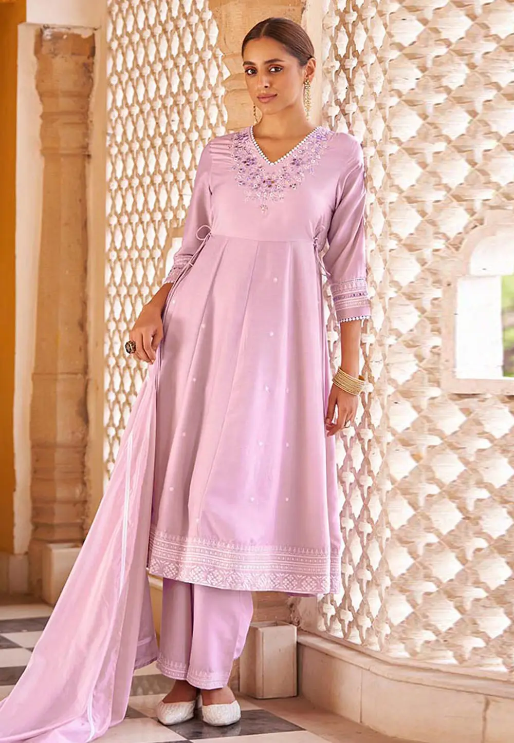 Lavender Silk Readymade Anarkali Suit 334143